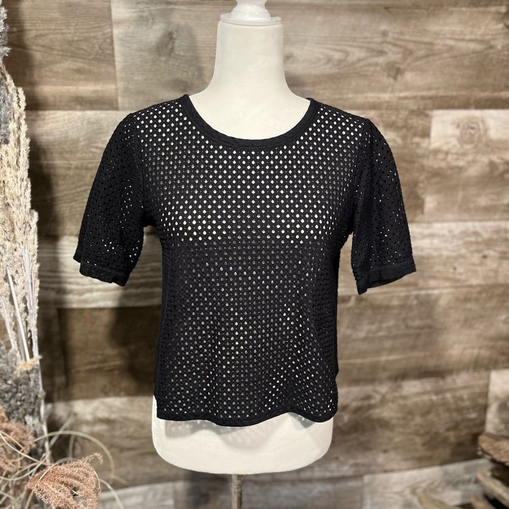 Banana Republic black  cropped polka dot mesh short sleeve  top - S